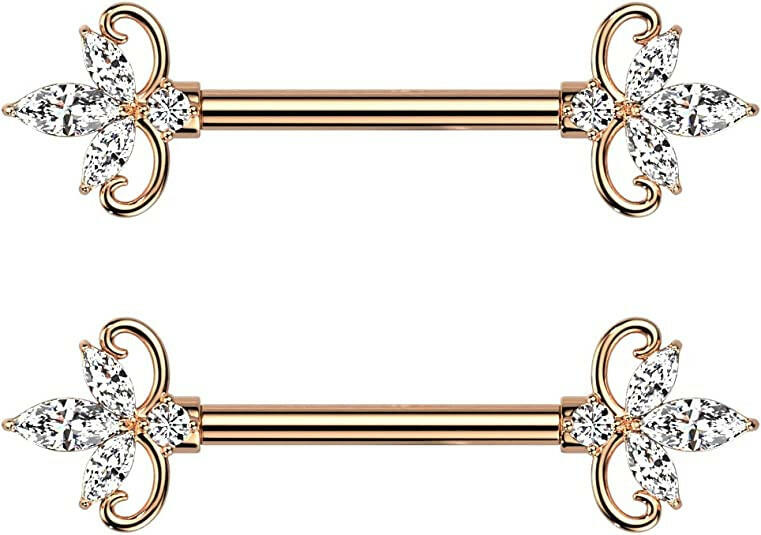 Surgical Steel Double Heart 3 Marquise CZ Nipple Barbell Rings Nipple Ring Impulse Piercings Rose Gold