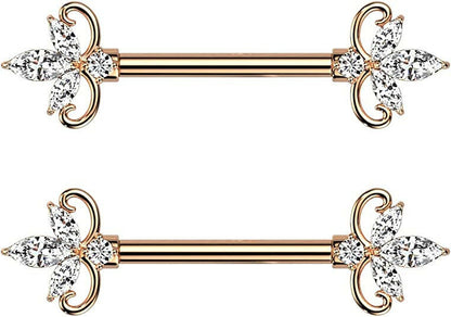 Surgical Steel Double Heart 3 Marquise CZ Nipple Barbell Rings Nipple Ring Impulse Piercings Rose Gold