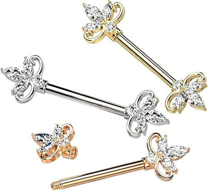 Surgical Steel Double Heart 3 Marquise CZ Nipple Barbell Rings Nipple Ring Impulse Piercings