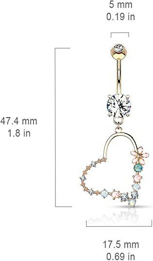 Surgical Steel Double Jeweled with Enamel Flowers and Opalite Stone Heart Dangle Belly Navel Ring Navel Ring Impulse Piercings