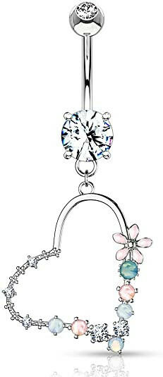 Surgical Steel Double Jeweled with Enamel Flowers and Opalite Stone Heart Dangle Belly Navel Ring Navel Ring Impulse Piercings Clear