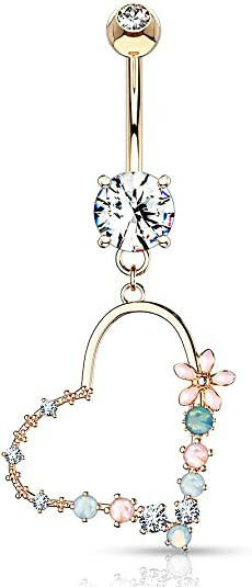 Surgical Steel Double Jeweled with Enamel Flowers and Opalite Stone Heart Dangle Belly Navel Ring Navel Ring Impulse Piercings Rose Gold