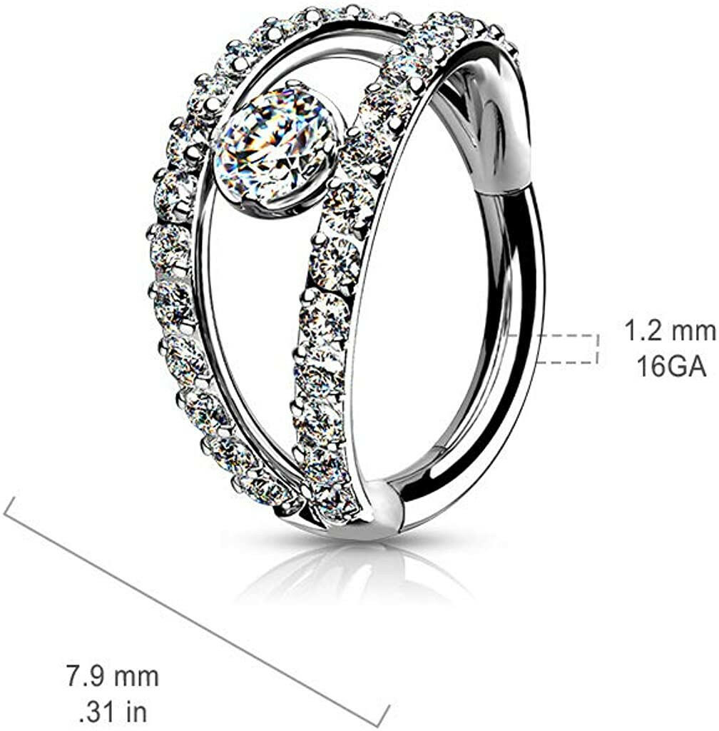 Surgical Steel Double Layer Paved CZ and Center CZ Hinged Segment Hoop Ring Nose Ring, cartilage ring Impulse Piercings