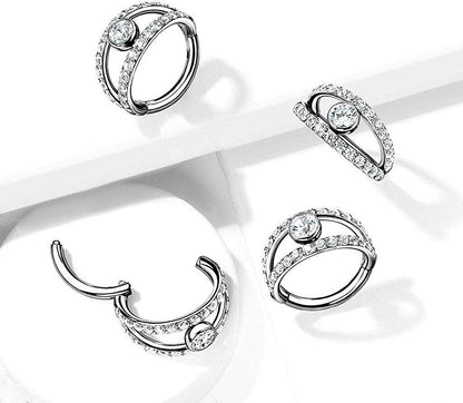 Surgical Steel Double Layer Paved CZ and Center CZ Hinged Segment Hoop Ring Nose Ring, cartilage ring Impulse Piercings