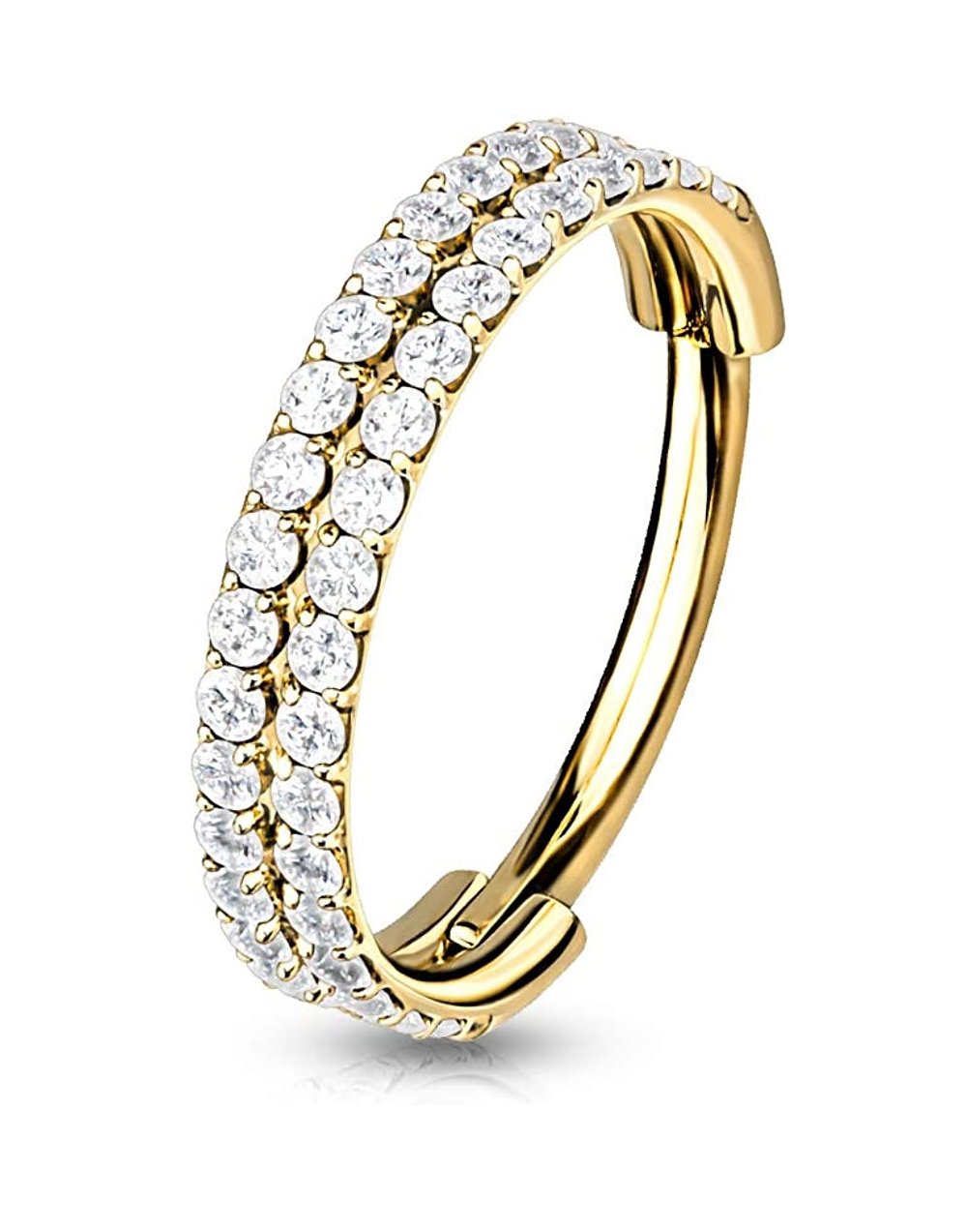 Surgical Steel Double Line Paved CZ Hinged Segment Hoop Ring Nose Ring, cartilage ring Impulse Piercings 16GA Length: 8mm Gold