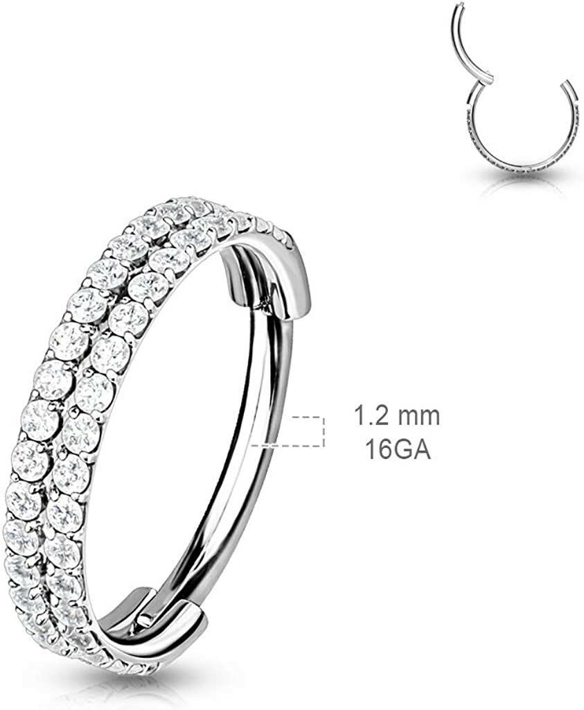 Surgical Steel Double Line Paved CZ Hinged Segment Hoop Ring Nose Ring, cartilage ring Impulse Piercings