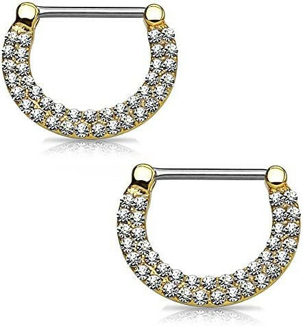 Surgical Steel Double Lined Crystals Paved Nipple Clickers Nipple Ring Impulse Piercings Gold