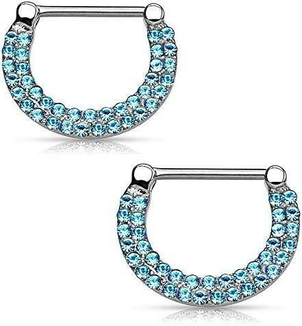 Surgical Steel Double Lined Crystals Paved Nipple Clickers Nipple Ring Impulse Piercings Aqua