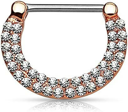 Surgical Steel Double Lined Crystals Paved Nipple Clickers Nipple Ring Impulse Piercings Rose Gold