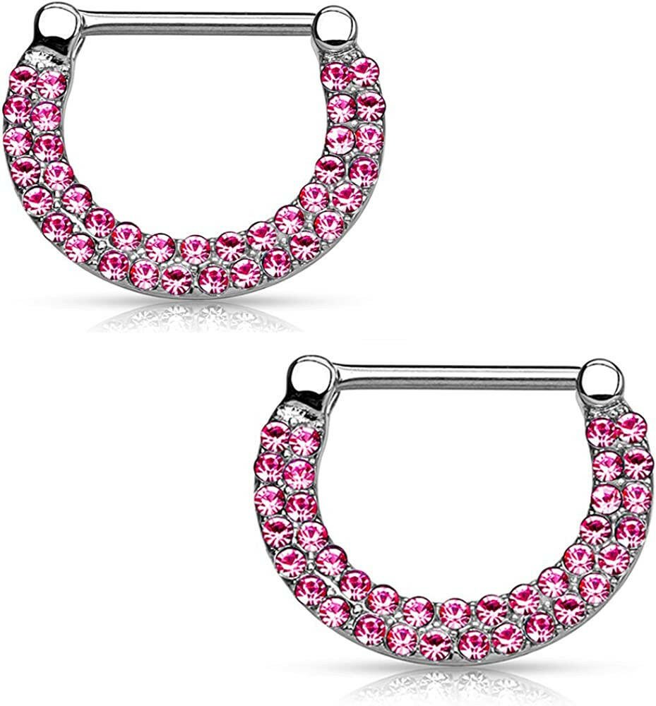 Surgical Steel Double Lined Crystals Paved Nipple Clickers Nipple Ring Impulse Piercings Pink