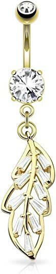 Surgical Steel Double Princess Cut CZ Paved Leaf Dangle Belly Navel Ring Navel Ring Impulse Piercings Gold