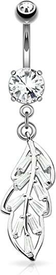 Surgical Steel Double Princess Cut CZ Paved Leaf Dangle Belly Navel Ring Navel Ring Impulse Piercings Clear