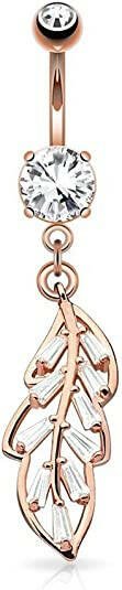 Surgical Steel Double Princess Cut CZ Paved Leaf Dangle Belly Navel Ring Navel Ring Impulse Piercings Rose Gold