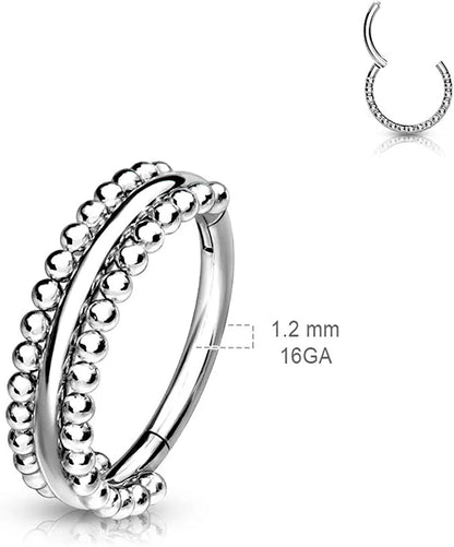 Surgical Steel Double-Sided Milgrain Beads Hinged Segment Hoop Ring Nose Ring, cartilage ring Impulse Piercings