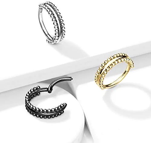 Surgical Steel Double-Sided Milgrain Beads Hinged Segment Hoop Ring Nose Ring, cartilage ring Impulse Piercings