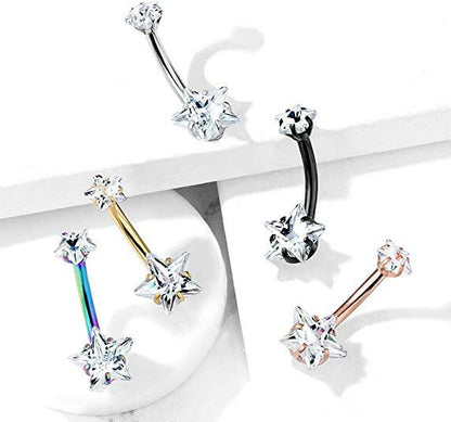 Surgical Steel Double Star CZ With Threaded Belly Navel Ring Navel Ring Impulse Piercings