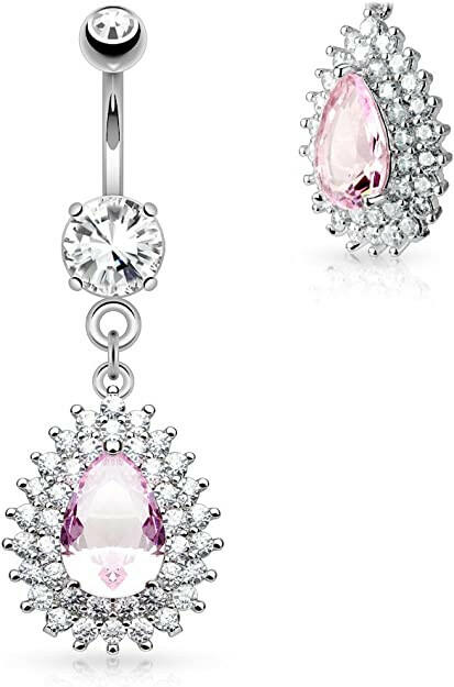 Surgical Steel Double Tier Paved CZ and Large CZ Centered Tear Drop Dangle Belly Navel Ring Navel Ring Impulse Piercings Pink