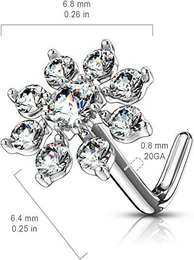 Surgical Steel Double Tiered CZ Starburst Top L Bend Nose Stud Rings Nose Ring Impulse Piercings