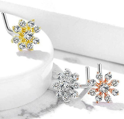 Surgical Steel Double Tiered CZ Starburst Top L Bend Nose Stud Rings Nose Ring Impulse Piercings