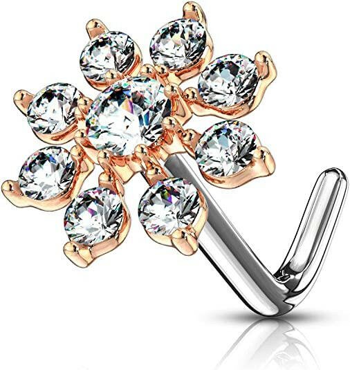 Surgical Steel Double Tiered CZ Starburst Top L Bend Nose Stud Rings Nose Ring Impulse Piercings Rose Gold