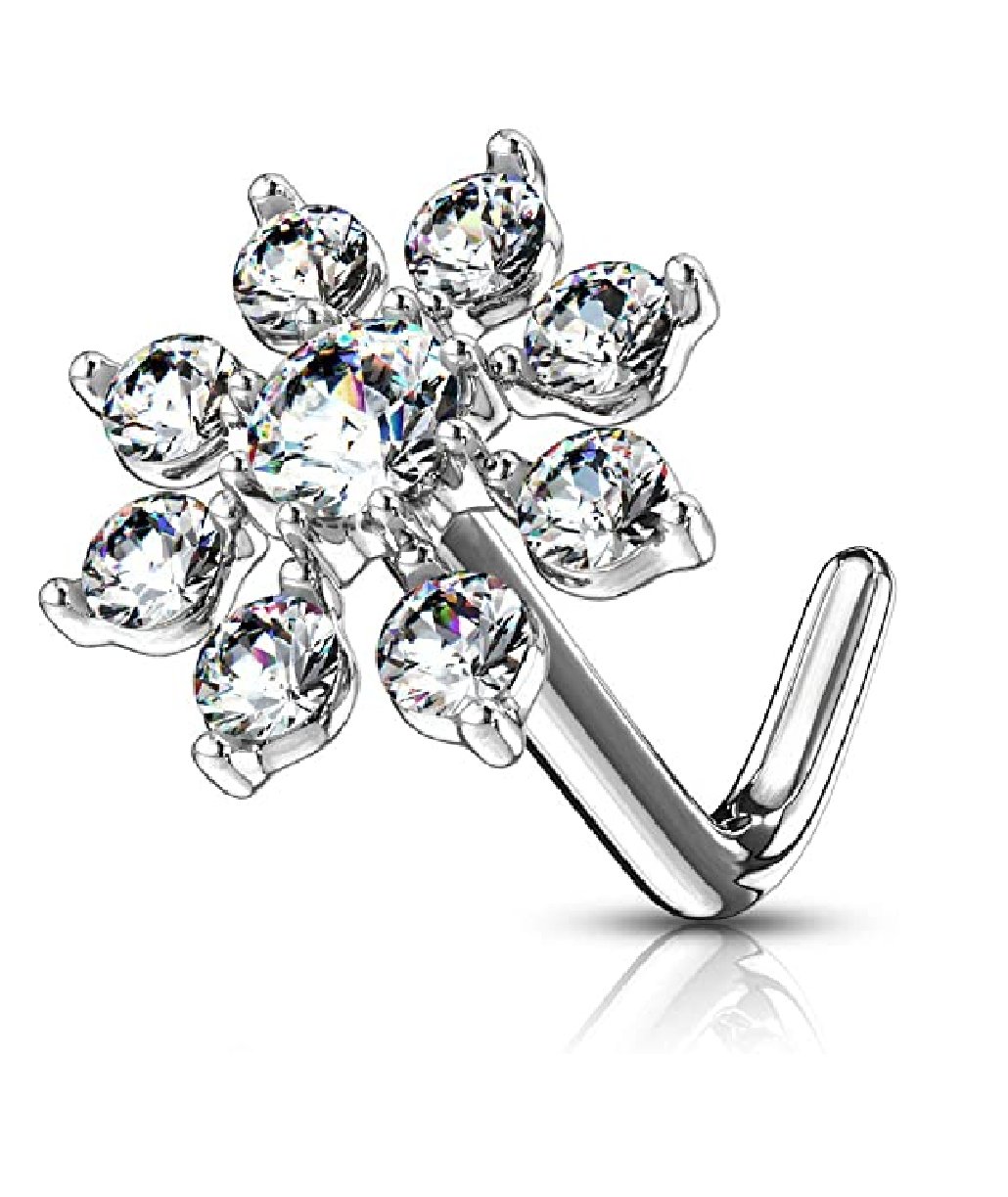 Surgical Steel Double Tiered CZ Starburst Top L Bend Nose Stud Rings Nose Ring Impulse Piercings Clear