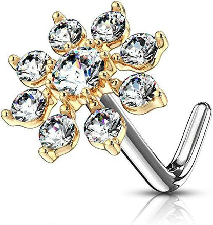 Surgical Steel Double Tiered CZ Starburst Top L Bend Nose Stud Rings Nose Ring Impulse Piercings Gold