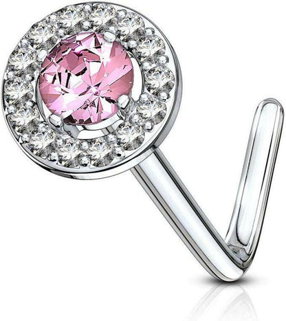 Surgical Steel Double Tiered Round CZ Center Top L Shaped Nose Ring Nose Ring Impulse Piercings Pink