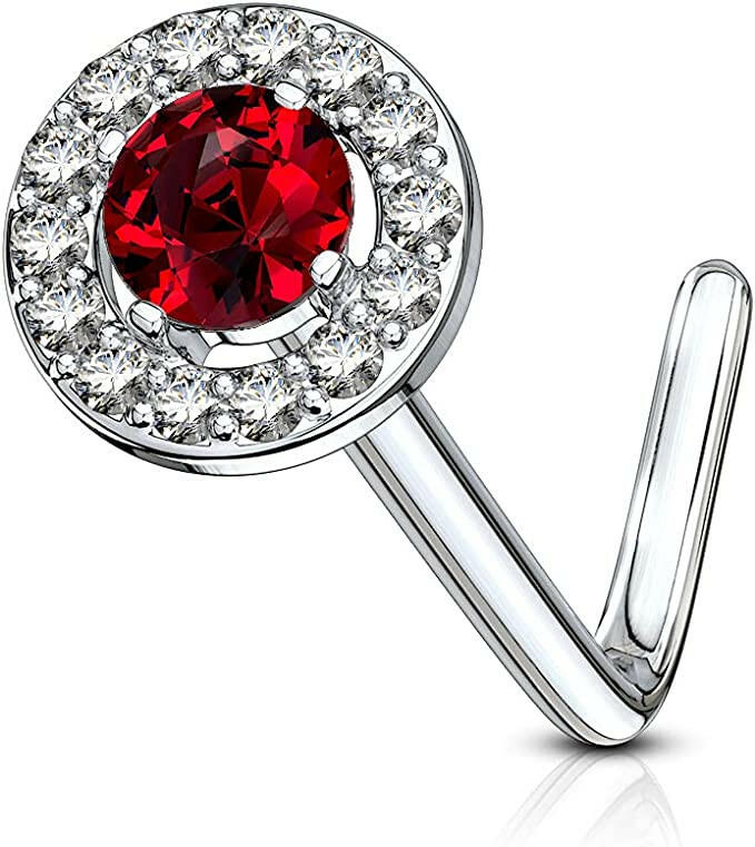 Surgical Steel Double Tiered Round CZ Center Top L Shaped Nose Ring Nose Ring Impulse Piercings Red