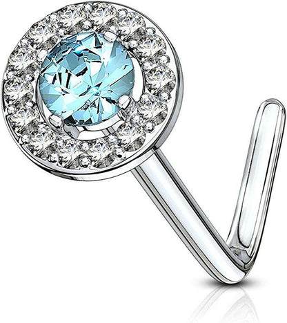 Surgical Steel Double Tiered Round CZ Center Top L Shaped Nose Ring Nose Ring Impulse Piercings Aqua