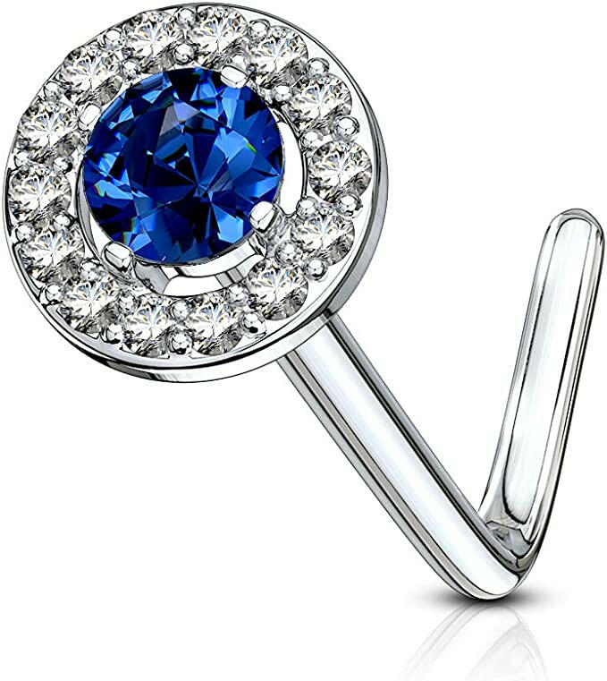 Surgical Steel Double Tiered Round CZ Center Top L Shaped Nose Ring Nose Ring Impulse Piercings Blue