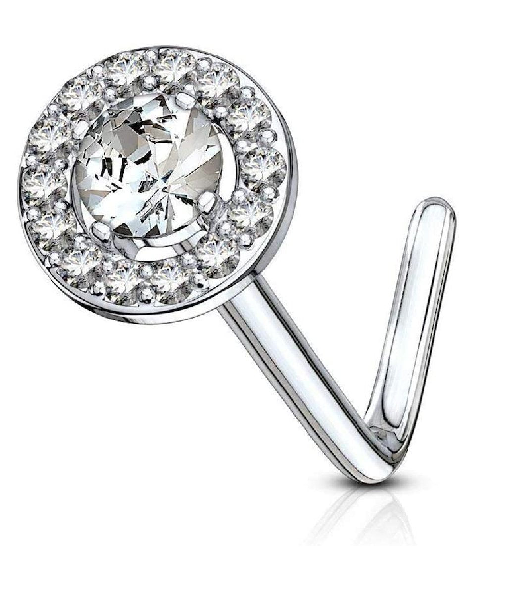 Surgical Steel Double Tiered Round CZ Center Top L Shaped Nose Ring Nose Ring Impulse Piercings Clear