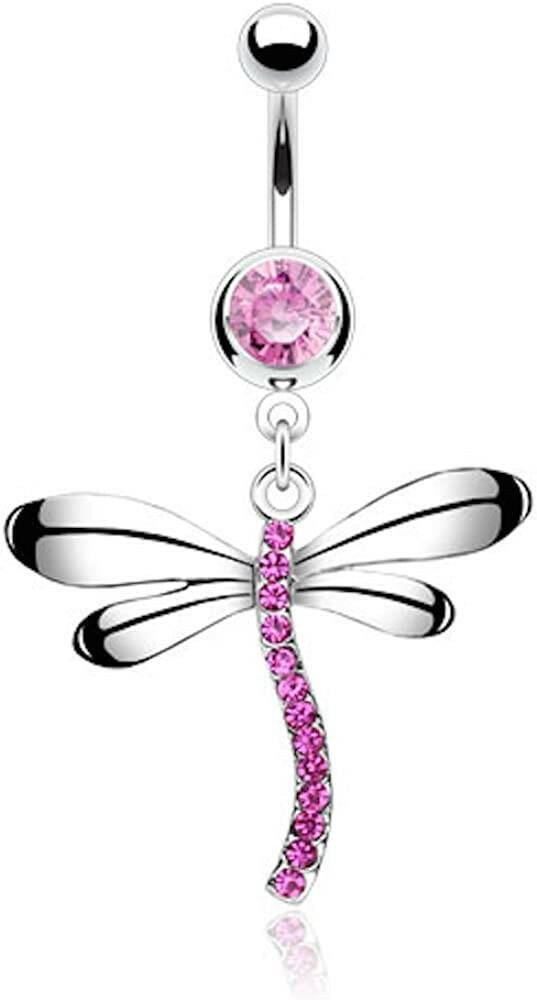 Surgical Steel Dragonfly Gem Dangle with Gem Belly Navel Ring Navel Ring Impulse Piercings Pink