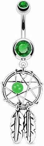 Surgical Steel Dream Catcher Woven Star Design with Bead and Feathers Fancy Belly Navel Ring Navel Ring Impulse Piercings Green