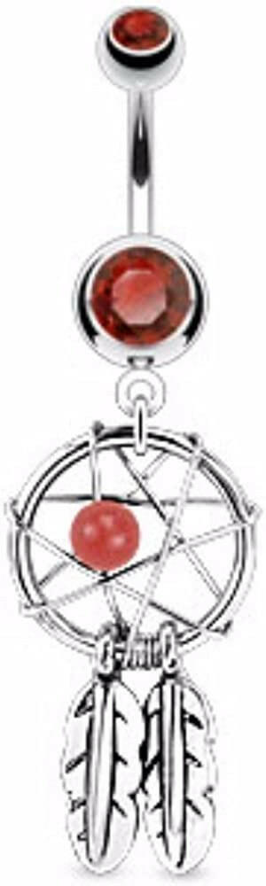 Surgical Steel Dream Catcher Woven Star Design with Bead and Feathers Fancy Belly Navel Ring Navel Ring Impulse Piercings Red