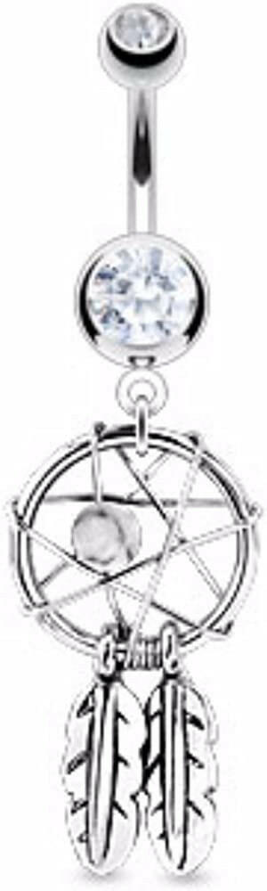 Surgical Steel Dream Catcher Woven Star Design with Bead and Feathers Fancy Belly Navel Ring Navel Ring Impulse Piercings Clear