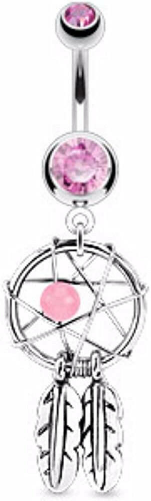 Surgical Steel Dream Catcher Woven Star Design with Bead and Feathers Fancy Belly Navel Ring Navel Ring Impulse Piercings Pink