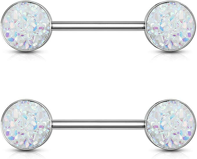 Surgical Steel Druzy Stone Ends Nipple Barbell Rings Nipple Ring Impulse Piercings White