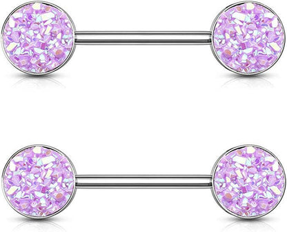 Surgical Steel Druzy Stone Ends Nipple Barbell Rings Nipple Ring Impulse Piercings Lt.Purple