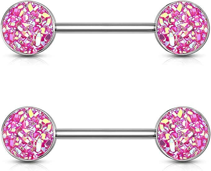 Surgical Steel Druzy Stone Ends Nipple Barbell Rings Nipple Ring Impulse Piercings Pink