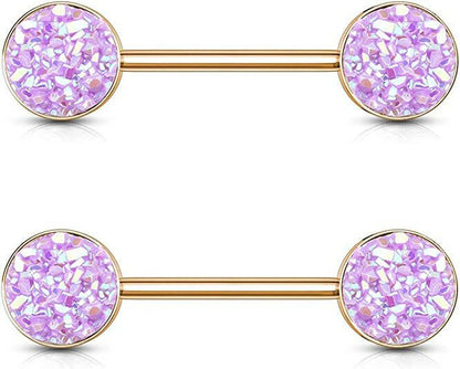 Surgical Steel Druzy Stone Ends Rose Gold PVD Over Nipple Barbell Rings Nipple Ring Impulse Piercings Lt.Purple