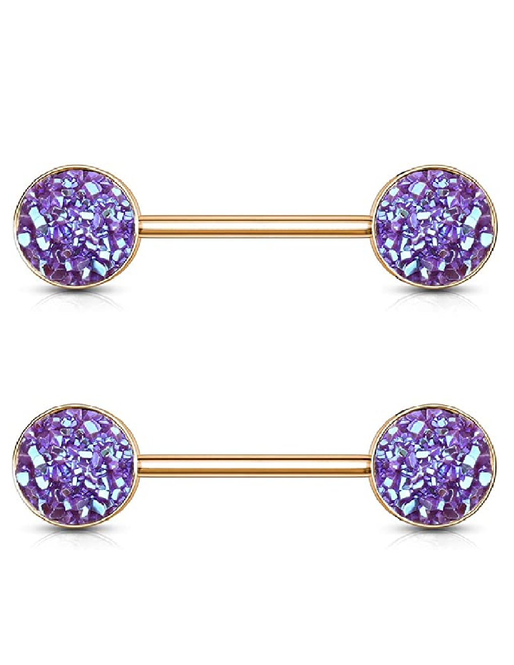 Surgical Steel Druzy Stone Ends Rose Gold PVD Over Nipple Barbell Rings Nipple Ring Impulse Piercings Purple