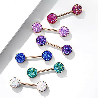 Surgical Steel Druzy Stone Ends Rose Gold PVD Over Nipple Barbell Rings Nipple Ring Impulse Piercings