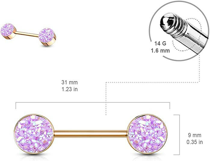 Surgical Steel Druzy Stone Ends Rose Gold PVD Over Nipple Barbell Rings Nipple Ring Impulse Piercings