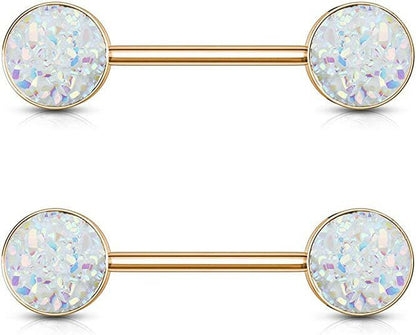 Surgical Steel Druzy Stone Ends Rose Gold PVD Over Nipple Barbell Rings Nipple Ring Impulse Piercings White