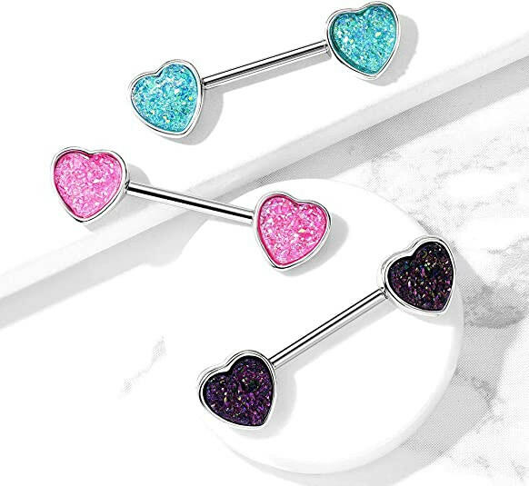 Surgical Steel Druzy Stone Heart Nipple Barbell Rings Nipple Ring Impulse Piercings