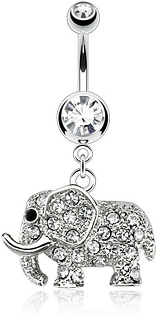 Surgical Steel Elephant Multi Paved CZs Dangle Belly Navel Ring Navel Ring Impulse Piercings Clear