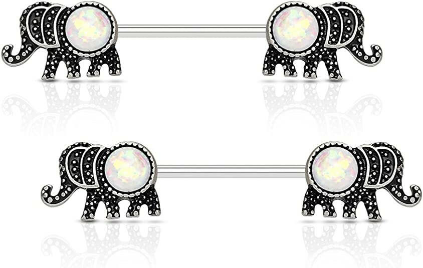 Surgical Steel Elephant with Opal Glitter Nipple Barbell Rings Nipple Ring Impulse Piercings White