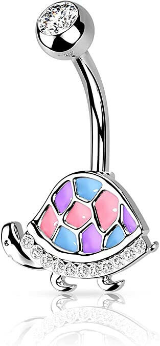 Surgical Steel Enamel and CZ Paved Turtle Belly Navel Ring Navel Ring Impulse Piercings Pink