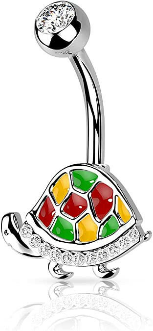 Surgical Steel Enamel and CZ Paved Turtle Belly Navel Ring Navel Ring Impulse Piercings Red