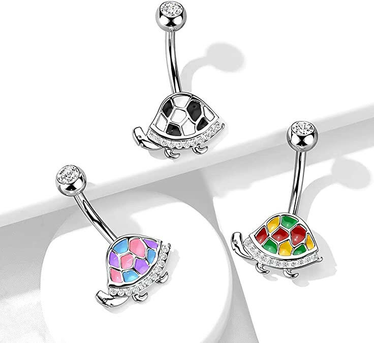 Surgical Steel Enamel and CZ Paved Turtle Belly Navel Ring Navel Ring Impulse Piercings